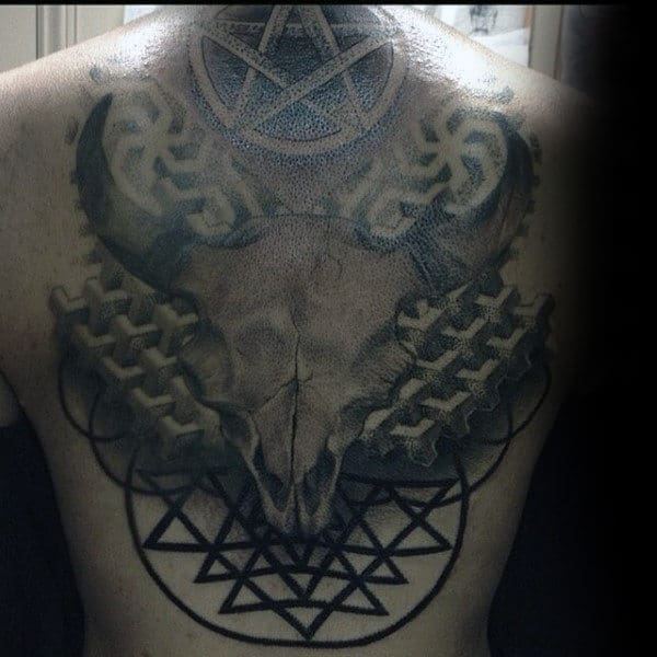 Guys Torso Awesome 3D Pentagram And Horned Deer Tattoo
