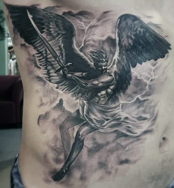 Guys Torso Flying Guardian Angel With Sword Tattoo