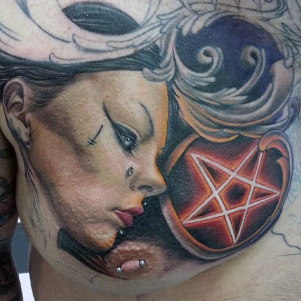 Guys Torso Lady And Red Lighted Pentagram Tattoo