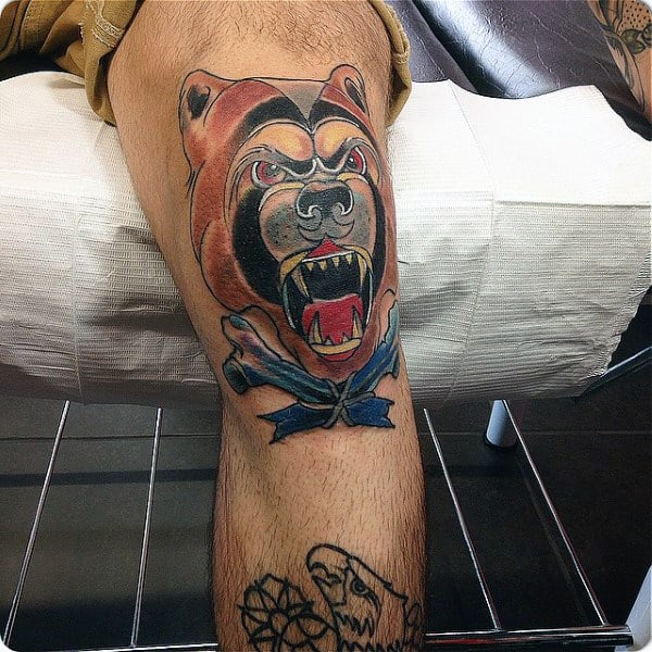 Guys Traditional Bear Knee Cap Tattoos