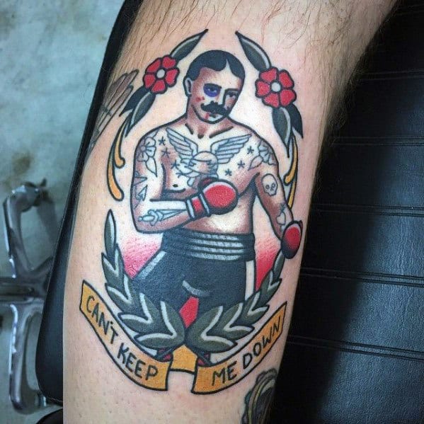 Guys Traditional Boxer With Cant Keep Me Down Banner Leg Tattoo