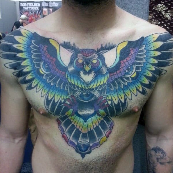 Guys Traditional Colorful Owl Chest Tattoos