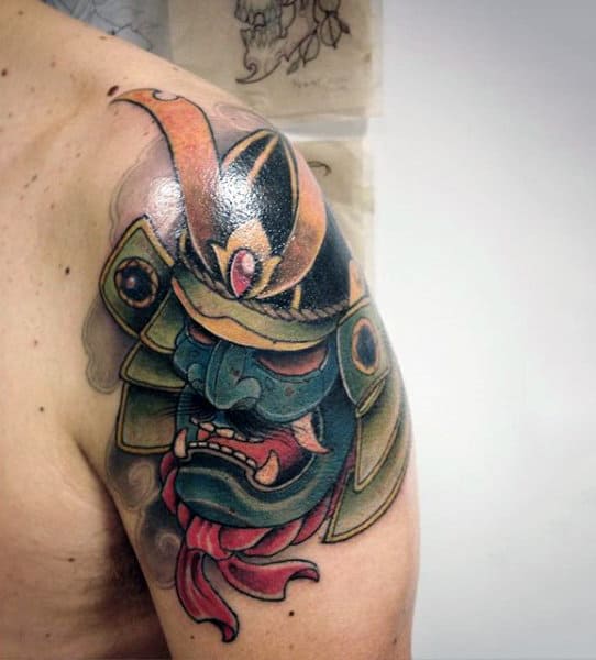 Guys Traditional Colorful Samurai Mask Shoulder Piece Tattoo