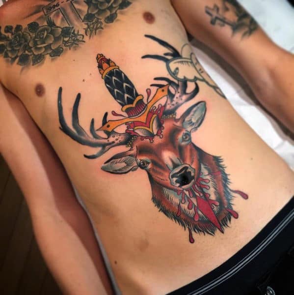 Guys Traditional Deer On Chest With Dagger Design