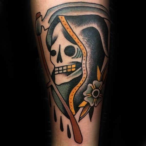 Guys Traditional Forearm Grim Reaper Tattoo Deisgns
