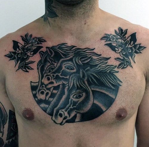 Guys Traditional Horses Upper Chest Tattoos