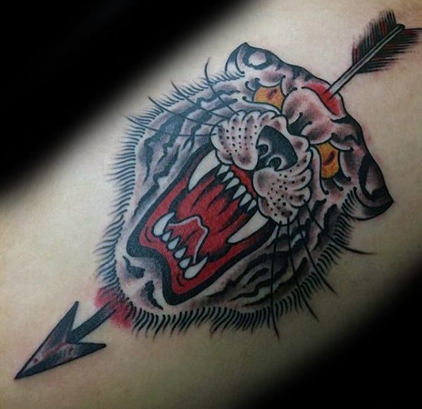 Guys Traditional Lion Head Arrow Arm Tattoo