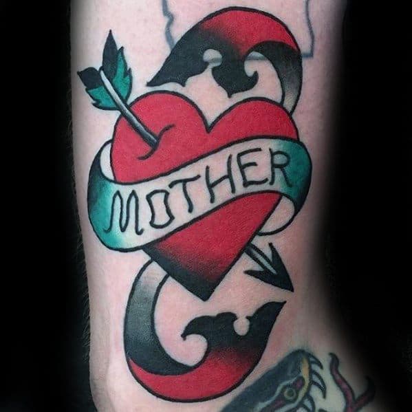 Guys Traditional Mom Heart With Arrow Arm Tattoos