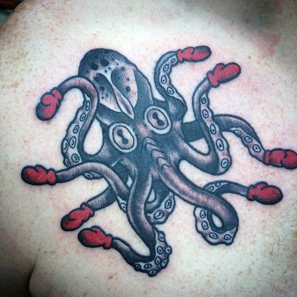 Guys Traditional Octopus With Red Gloves Chest Tattoo