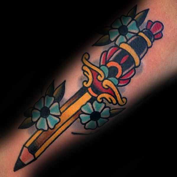 Guys Traditional Old School Arm Dagger Pencil Tattoo Deisgns