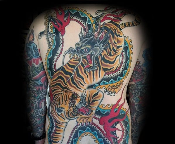 Guys Traditional Old School Back Tiger Dragon Tattoo Design Ideas