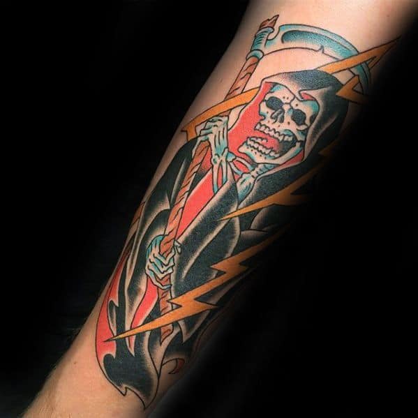 Guys Traditional Reaper Tattoos On Forearm