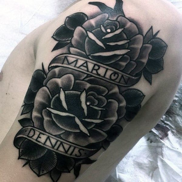Guys Traditional Rose Memorial Arm Tattoos