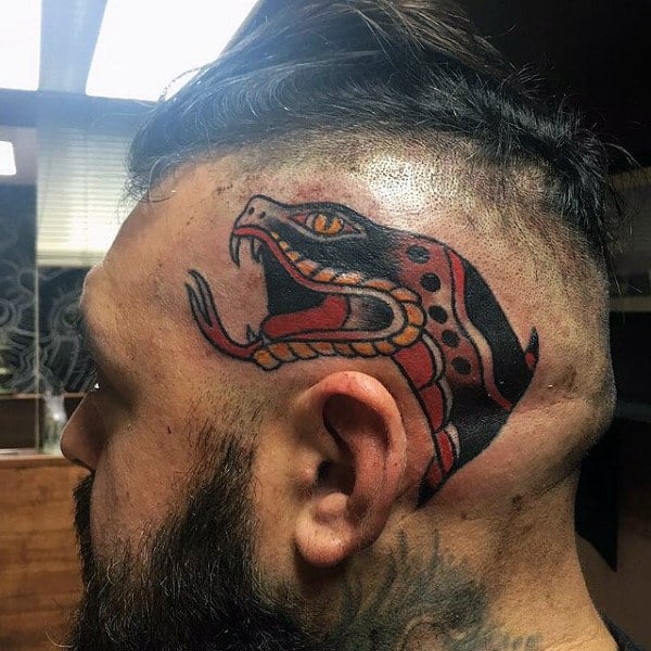 Guys Traditional Snake Head Tattoo On Head
