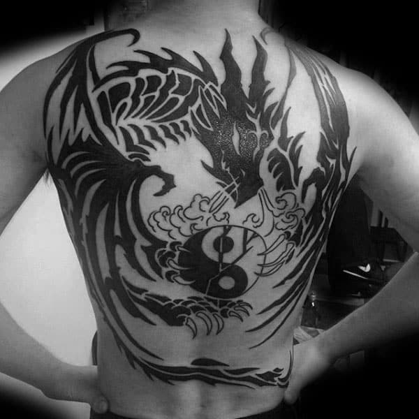 Guys Tribal Dragon Back Tattoo