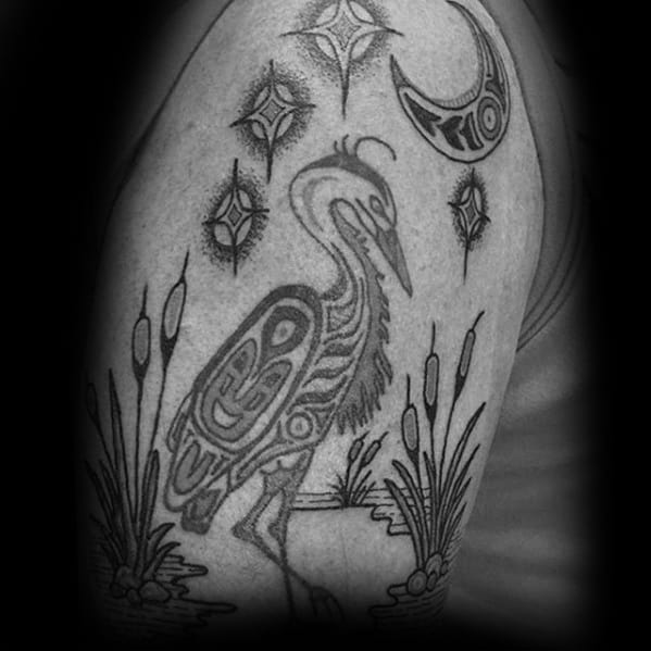 Guys Tribal Heron Tattoo On Upper Arm