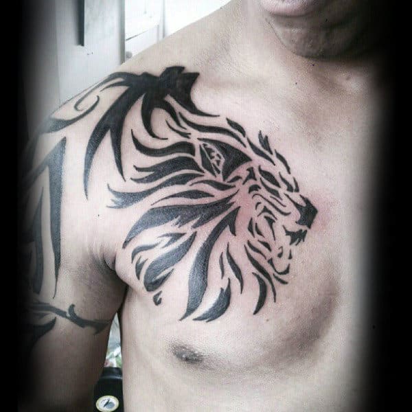 Guys Tribal Lion Chest Tattoo Design Inspiration