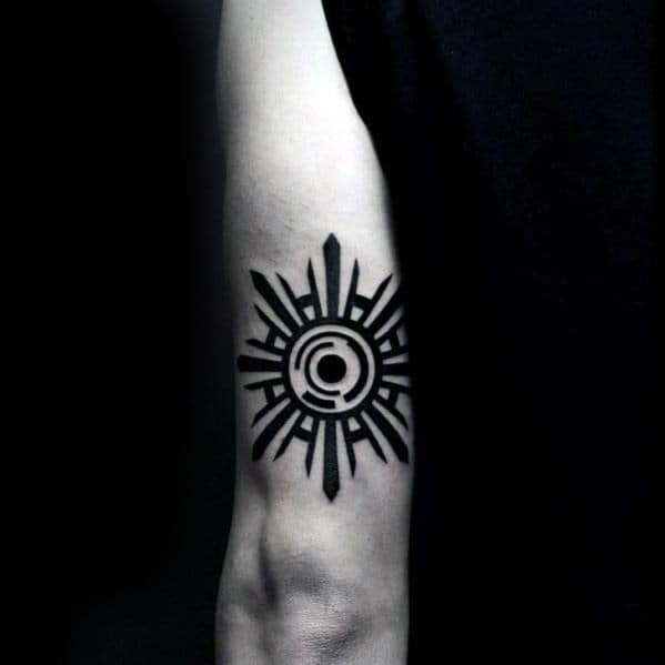 Guys Tribal Sun Back Of Arm Tattoo