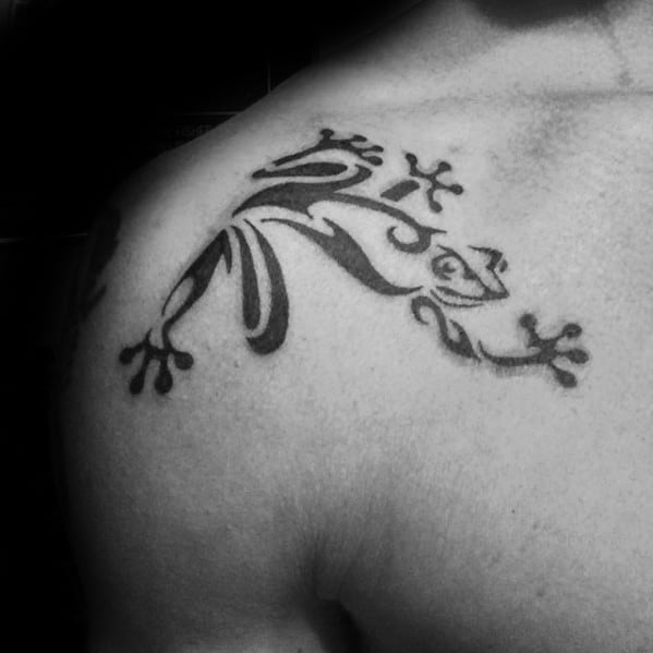 Guys Tribal Tree Frog Shoulder Black Ink Tattoos