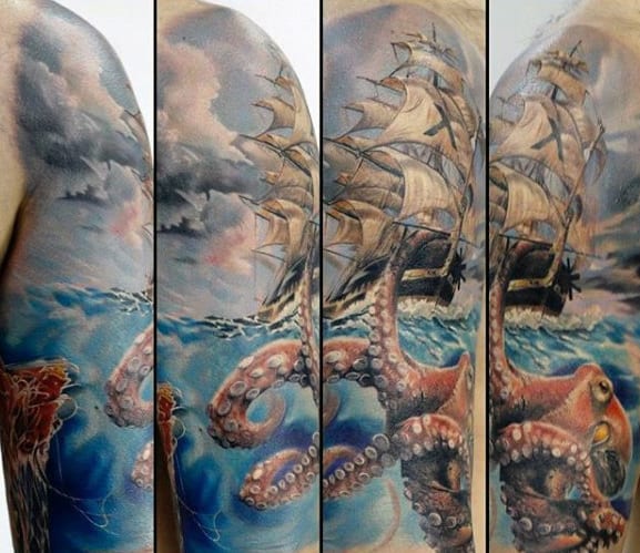 Guys Underwater Sailing Ship Octopus Watercolor Sleeve Tattoo