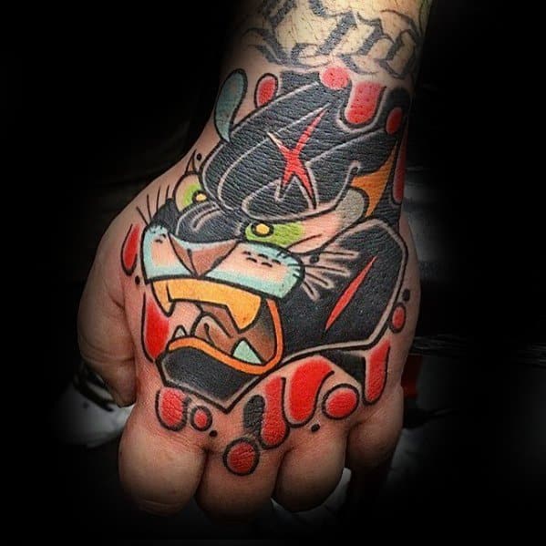 Guys Unique Hand Old School Traditional Panther Tattoo
