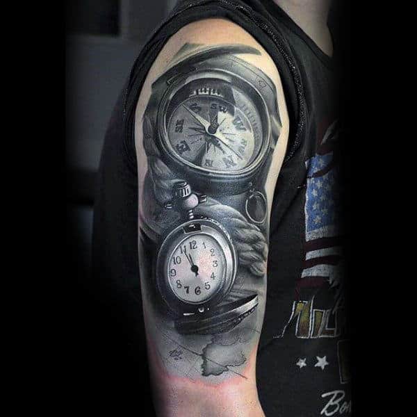 Guys Upper Arms Black And White Compass And Clock Tattoo