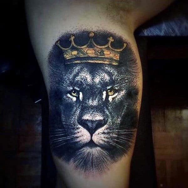 Guys Upper Arms Interesting Tattoo Of Crowned Lion