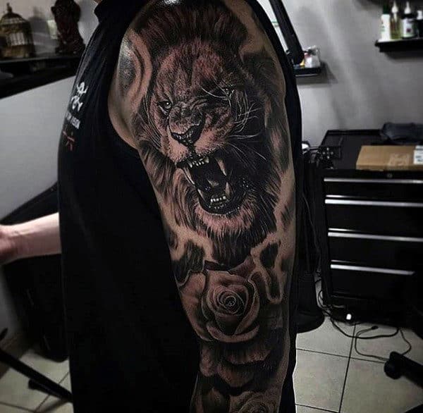 Guys Upper Arms Roaring Lion And Rose Tattoo