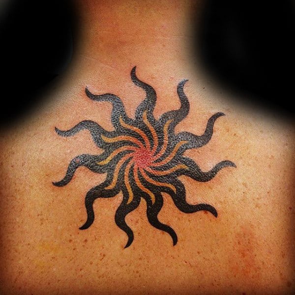 Guys Upper Back Tribal Sun Tattoos