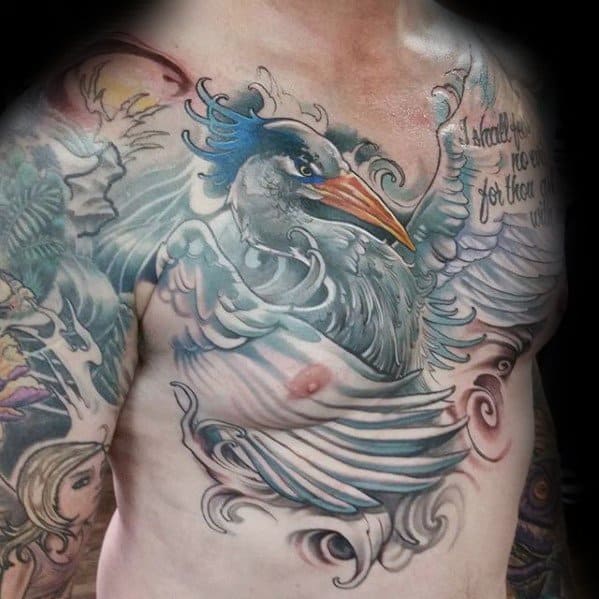 Guys Upper Chest Heron Tattoos