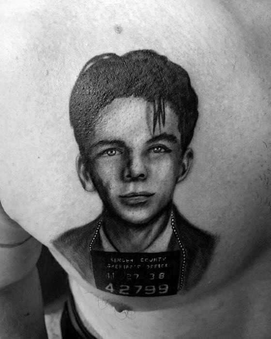 Guys Upper Chest Tattoos With Frank Sinatra Design