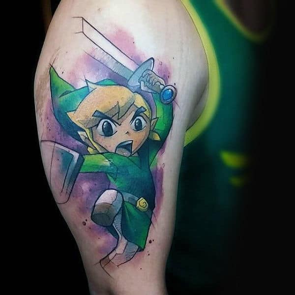 Guys Video Game Watercolor Upper Arm Zelda Tattoos