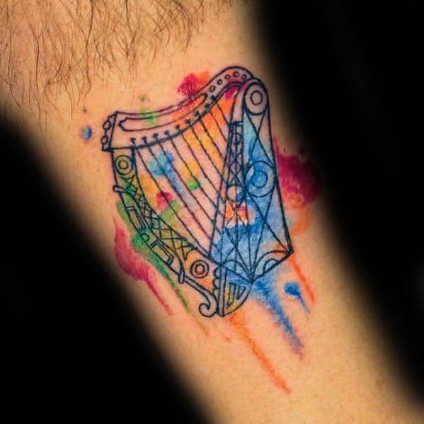 Guys Watercolor Inner Forearm Harp Tattoos