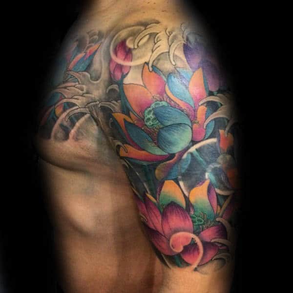 Guys Watercolor Lotus Flower Half Sleeve Tattoo Inspiration