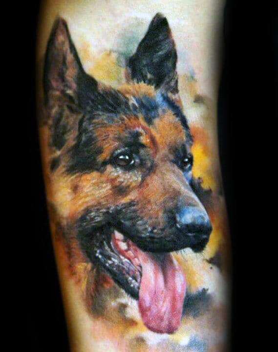 Guys Watercolor Painted German Shepherd Tattoo Design On Arm