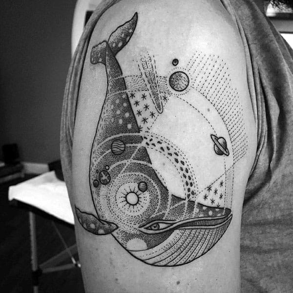 Guys Whale Pointillism Upper Arm Tattoo