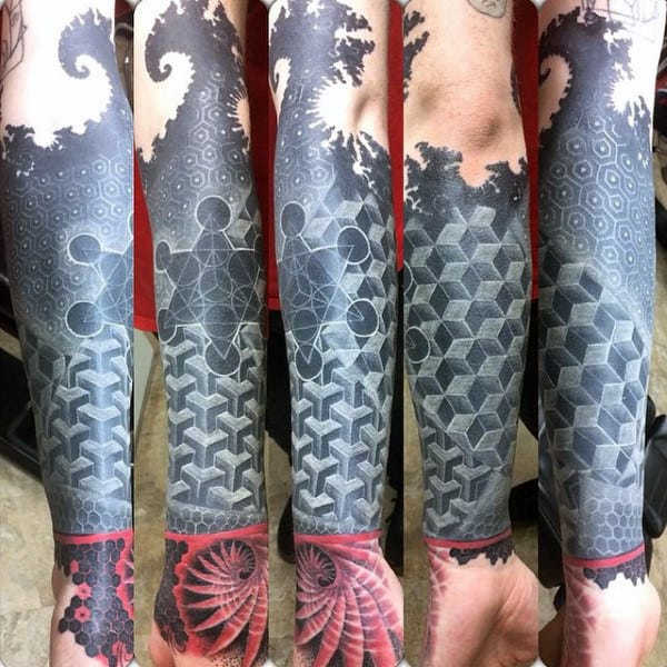 Guys White Ink Half Sleeve Geometric Patterns Tattoo With 3d Effect