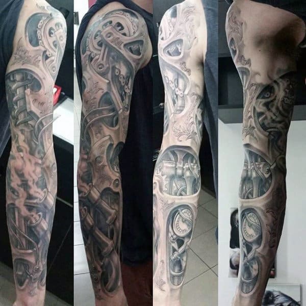Guys With Grey Shaded Steampunk Tattoo Sleeves