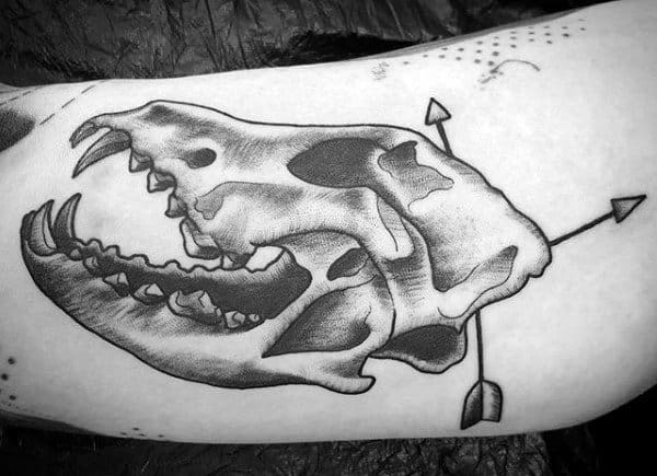 Guys Wolf Skull Arrows Arm Tattoo