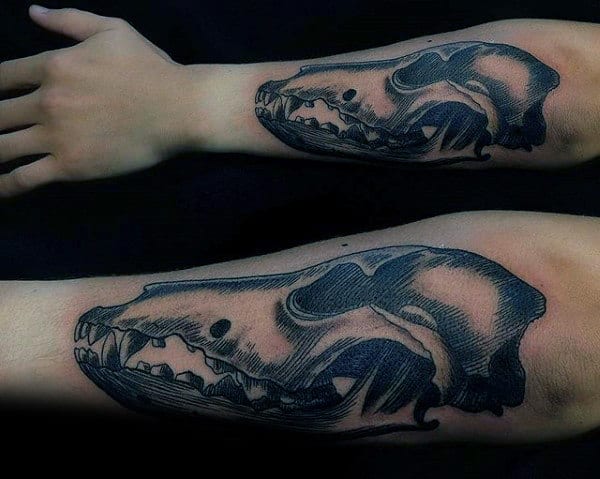 Guys Wolf Skull Outer Forearm Tattoo