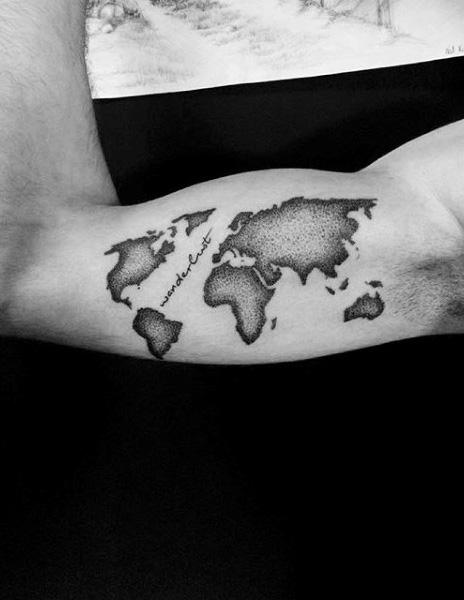Guys World Map Tattoo On Bicep Designs