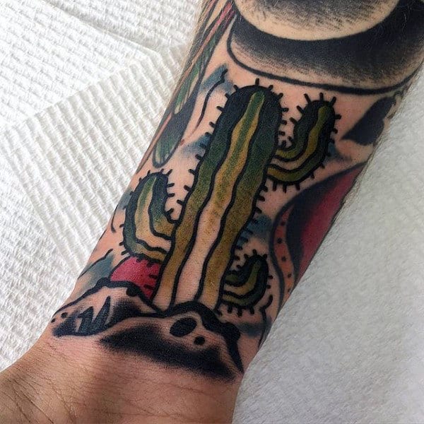 Guys Wrist Cactus Tattoo Old School Style