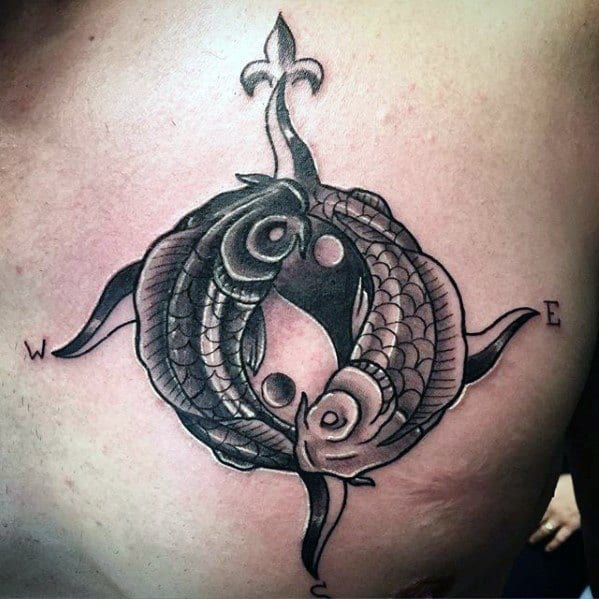 Guys Yin Yang Koi Fish Tattoo With Compass Deisgns On Upper Chest