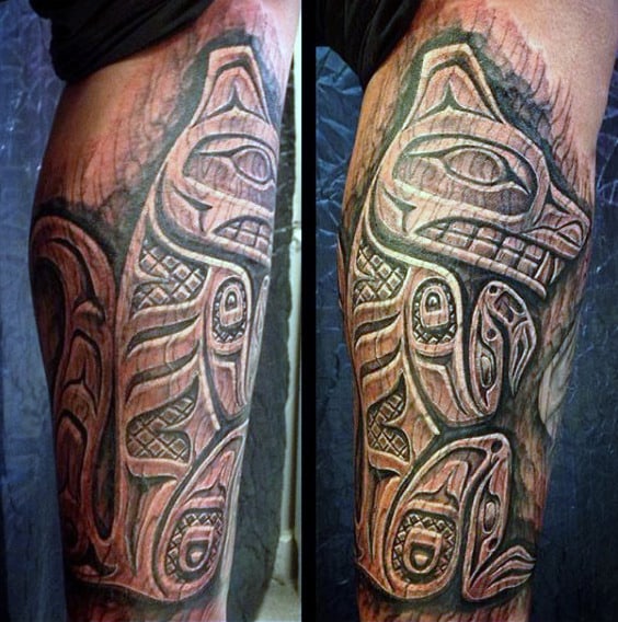 Haida Mens Wood Carving Tattoo Leg Sleeve