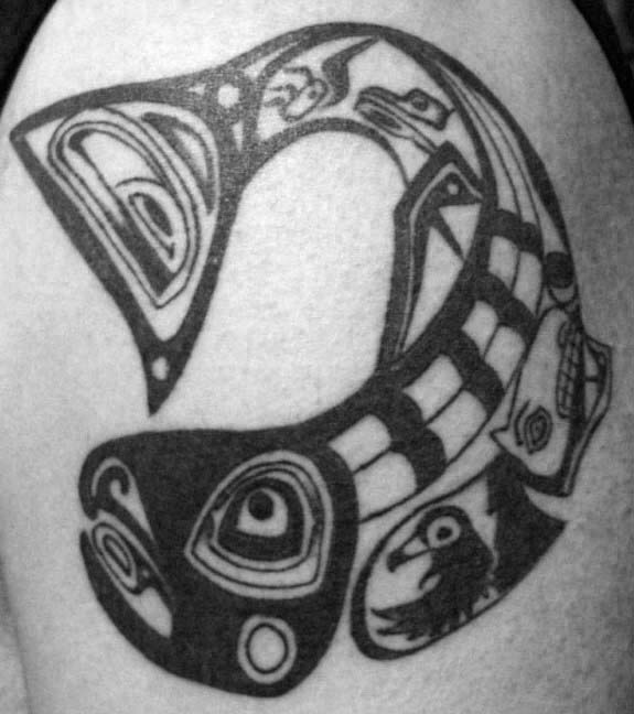 Haida Tribal Mens Upper Arm Fish Tattoo