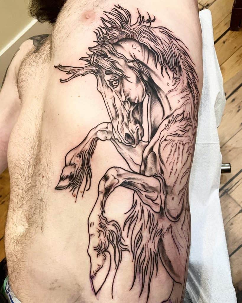 Hairy Heavy Ink Detailed Side Piece Large Scale Linework Unicorn Tattoo
