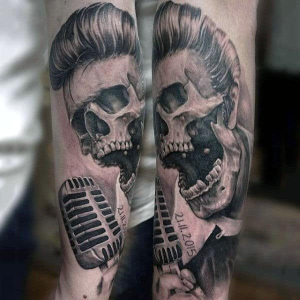 Hairy Skull With Microphone Tattoo Mens Forearms