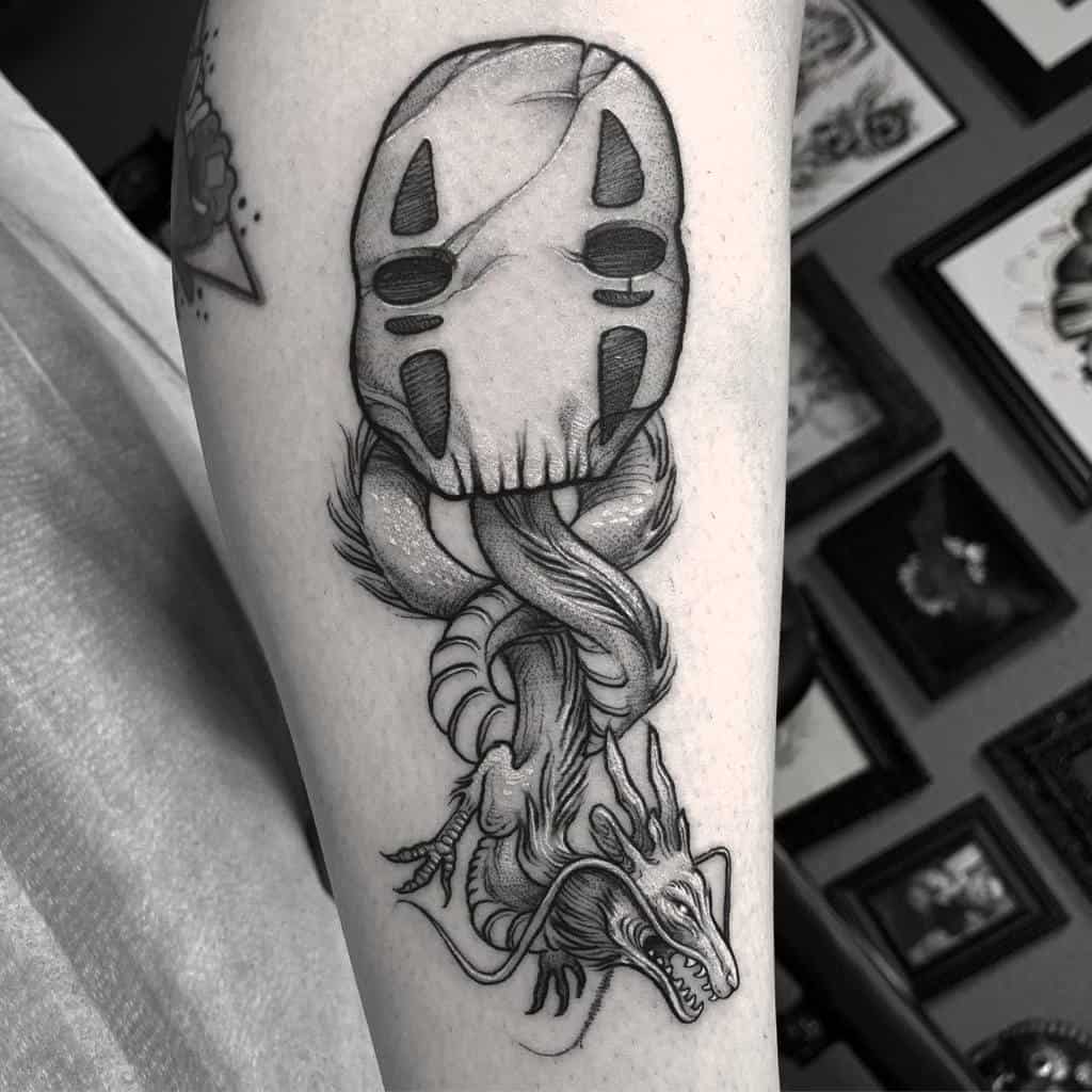 My first tat Haku from Spirited Away done by David Poe  Moon Tattoo in  Austin TX  rtattoos