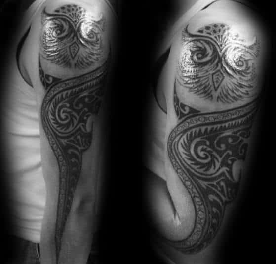 Half Arm Male Tribal Owl Tattoo Designs