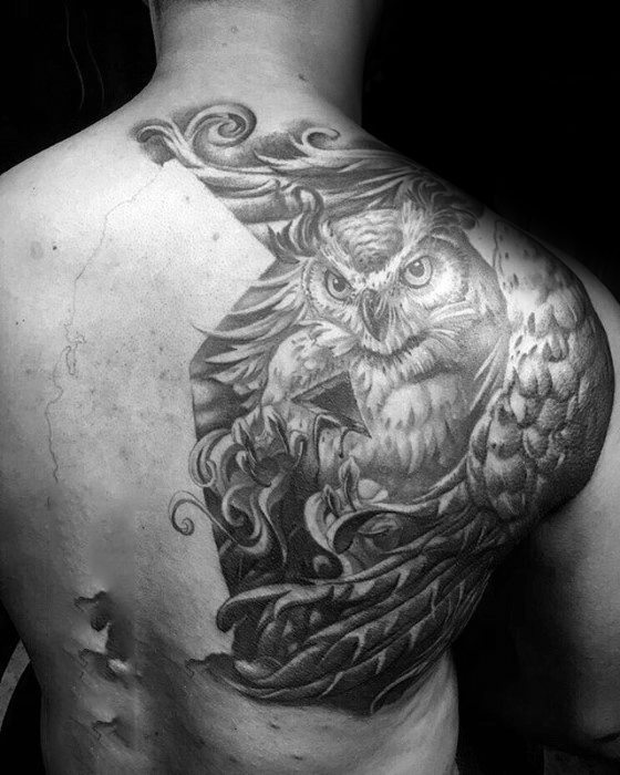 Half Back Mens Owl Tattoo With Ornate Design